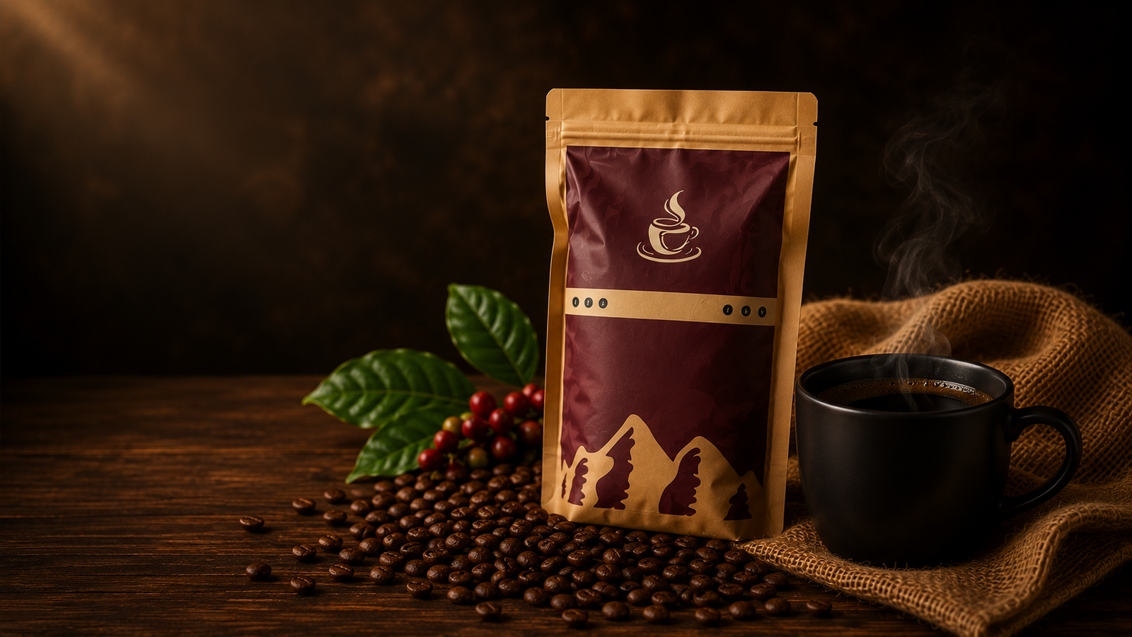 Empaque y taza de café Bethel sobre costal